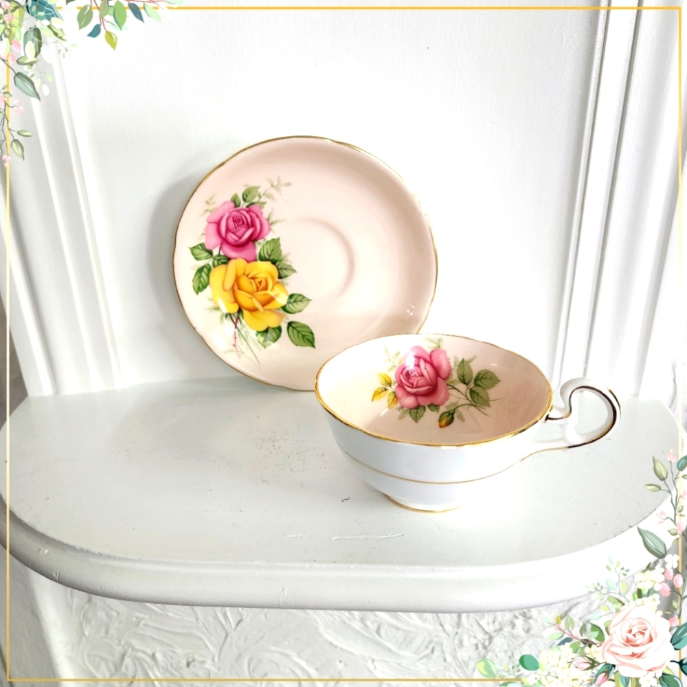 Royal Grafton 1950s Pink and Yellow Roses with blue shade Teacup & saucer